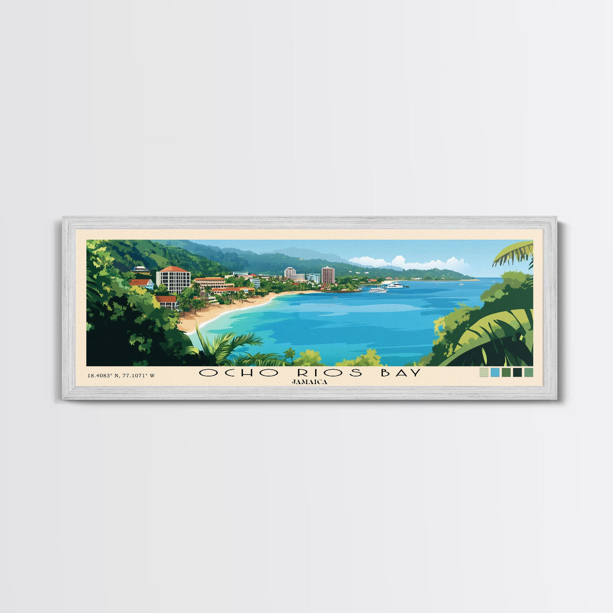 Ocho Rios Bay, Jamaica Panoramic Print, Vacation Gift, Jamaica Wall Art, Beach Painting, Beach Decor, Large Wall Art, Wood Frame Art