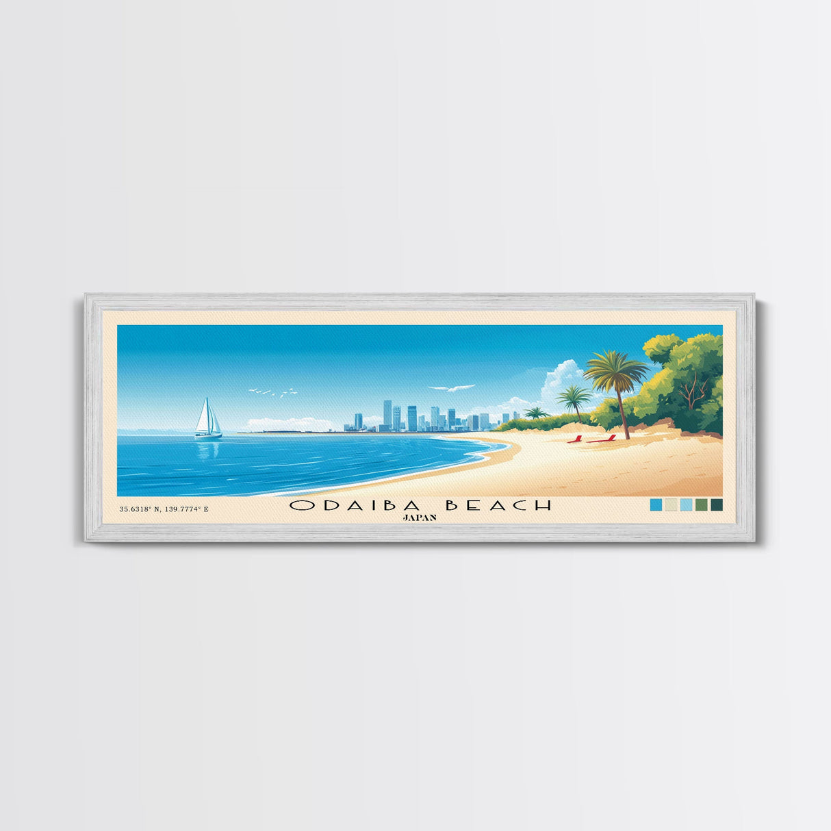 Odaiba Beach, Japan Panoramic Beach Print, Vacation Gift, Japan Wall Art, Framed Canvas Print, Framed Beach Painting