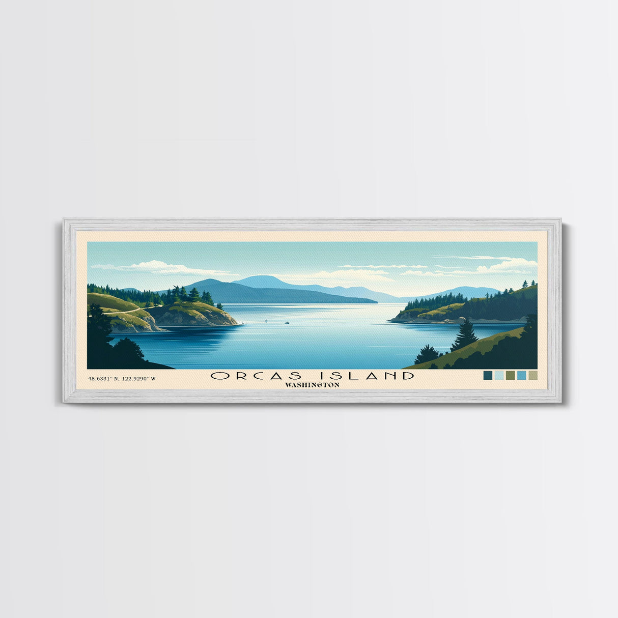 Orcas Island, Washington Panoramic Beach Print, Vacation Gift, Washington Wall Art, Framed Canvas Print, Framed Beach Painting