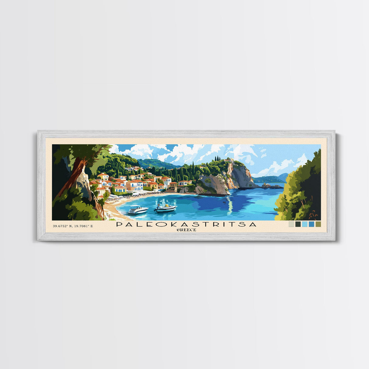 Paleokastritsa, Greece Panoramic Beach Print, Vacation Gift, Greece Wall Art, Framed Canvas Print, Framed Beach Painting