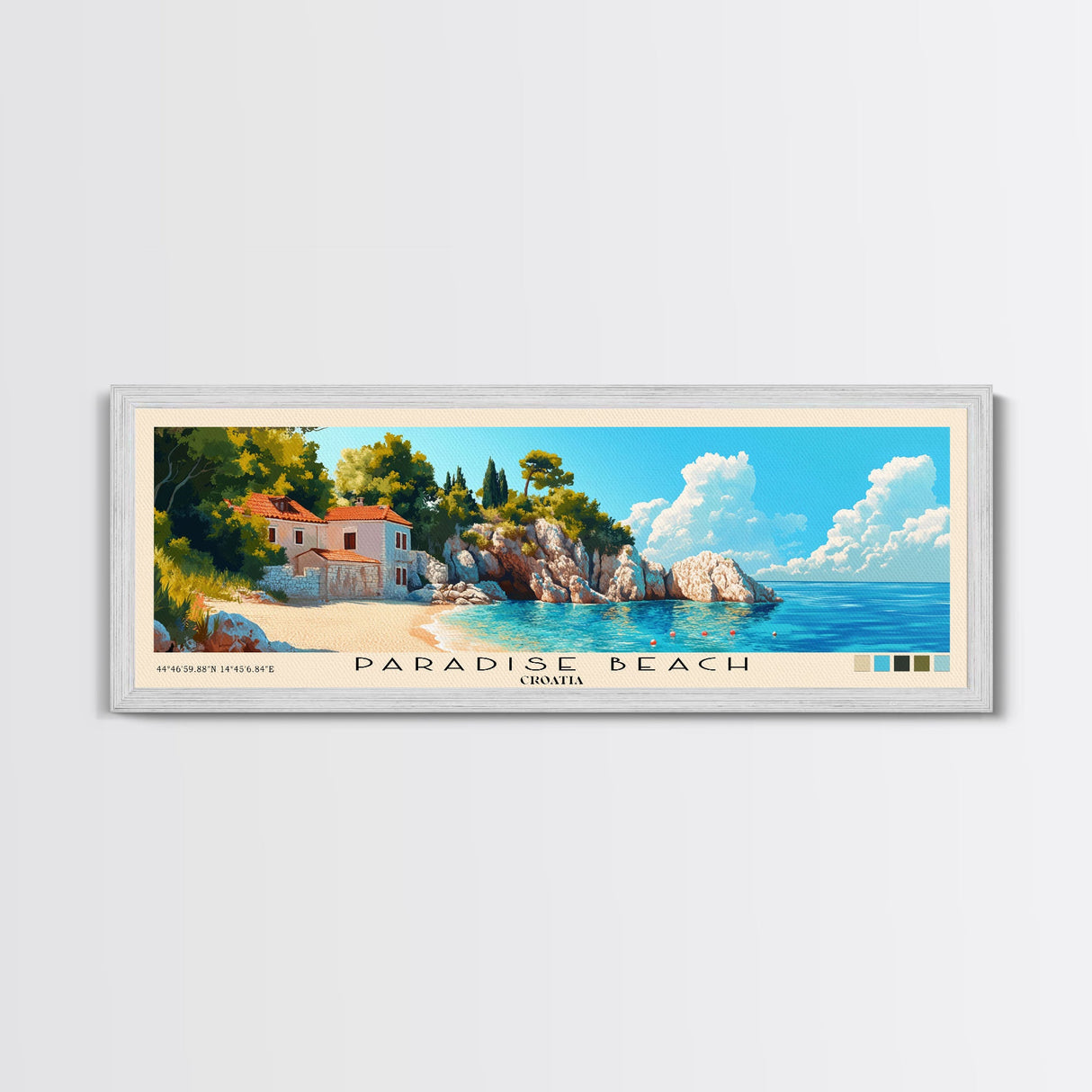 Paradise Beach, Croatia Panoramic Print, Vacation Gift, Croatia Wall Art, Beach Painting, Beach Decor, Large Wall Art, Wood Frame Art