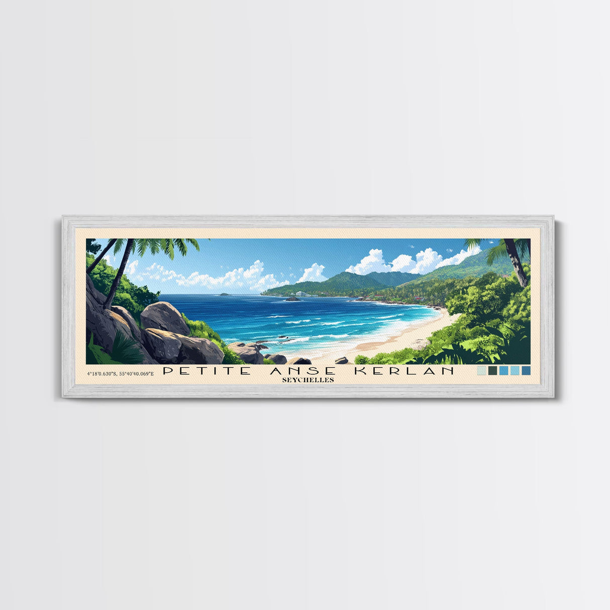 Petite Anse Kerlan, Seychelles Panoramic Beach Print, Vacation Gift, Seychelles Wall Art, Framed Canvas Print, Framed Beach Painting