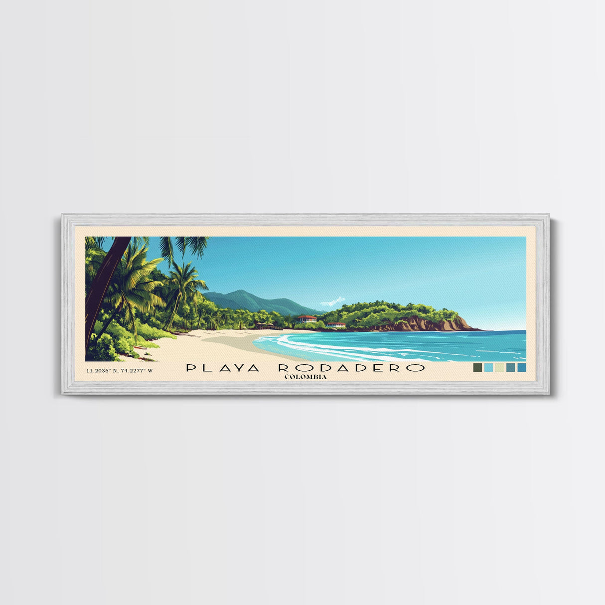 Playa Rodadero, Colombia Panoramic Beach Print, Vacation Gift, Colombia Wall Art, Framed Canvas Print, Framed Beach Painting