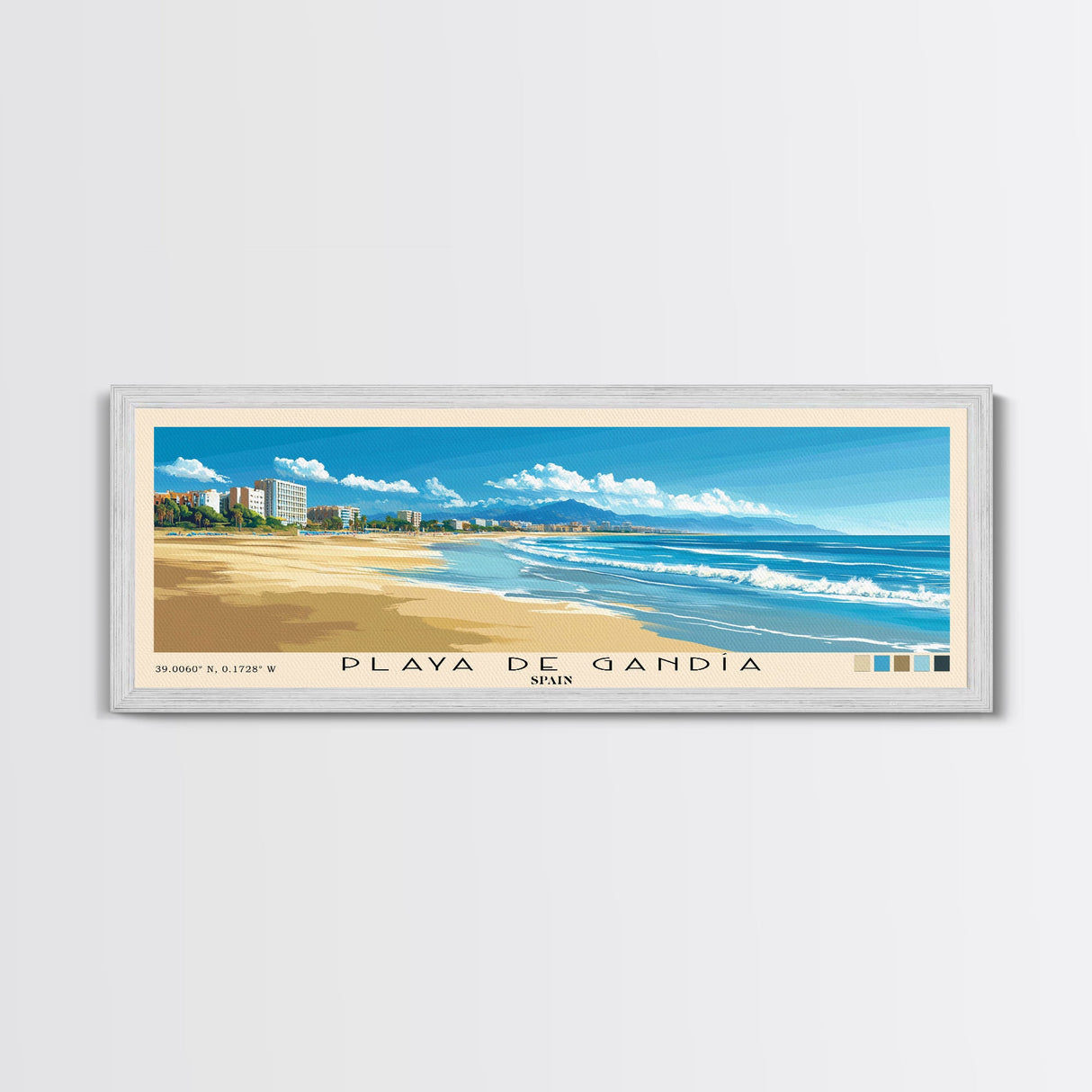 Playa de Gandía, Spain Panoramic Beach Print, Vacation Gift, Spain Wall Art, Beach Painting, Beach Decor, Beach Painting