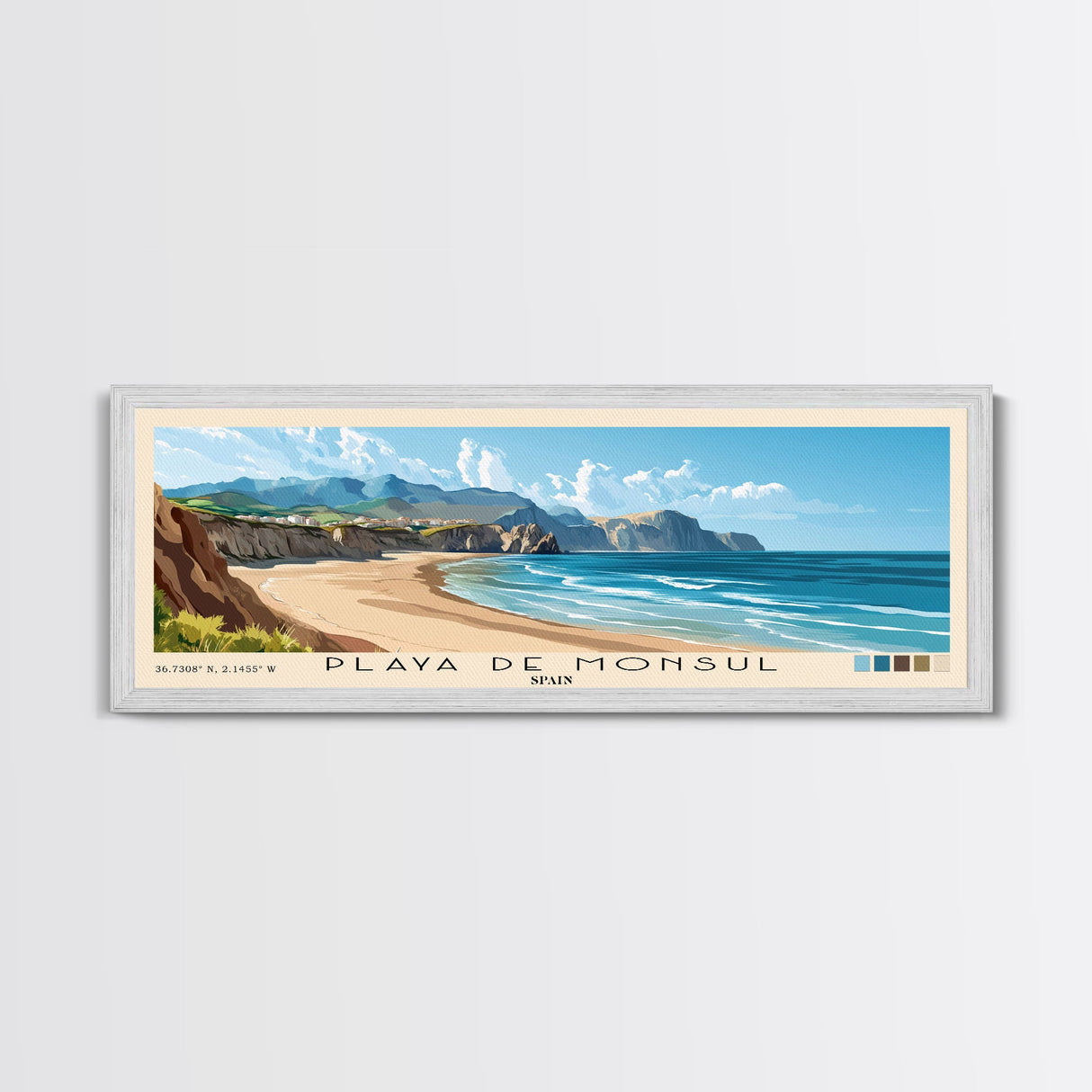 Playa de Monsul, Spain Panoramic Beach Print, Vacation Gift, Spain Wall Art, Framed Canvas Print, Framed Beach Painting