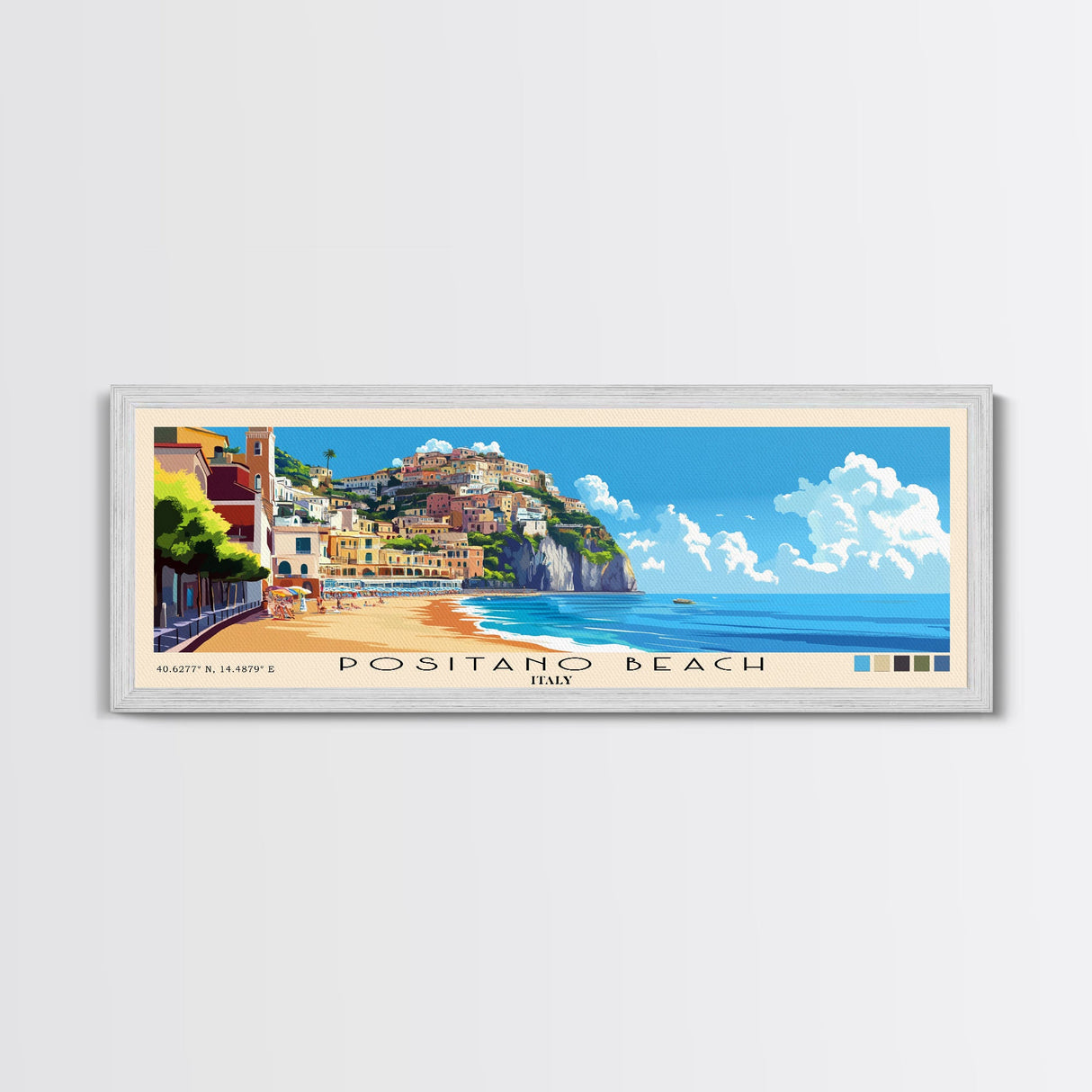 Positano Beach, Italy Panoramic Print, Vacation Gift, Italy Wall Art, Beach Painting, Beach Decor, Beach Or Lakehouse Art