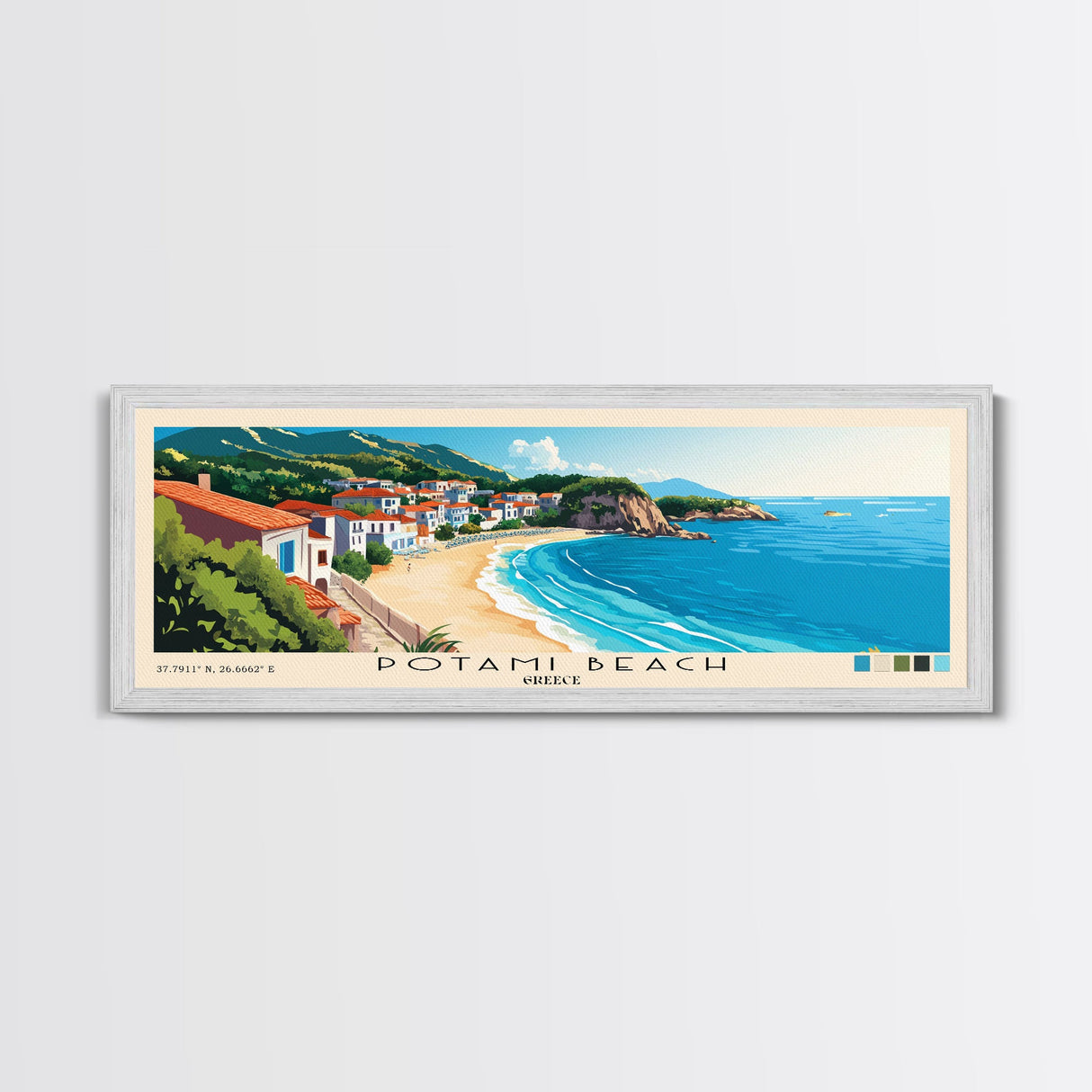 Potami Beach, Greece Panoramic Beach Print, Vacation Gift, Greece Wall Art, Framed Canvas Print, Framed Beach Painting