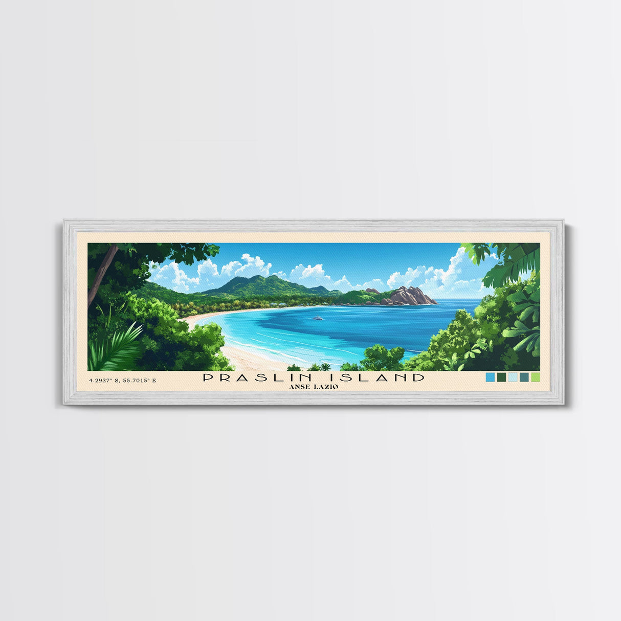 Praslin Island, Anse Lazio Panoramic Beach Print, Vacation Gift, Anse Lazio Wall Art, Framed Canvas Print, Framed Beach Painting