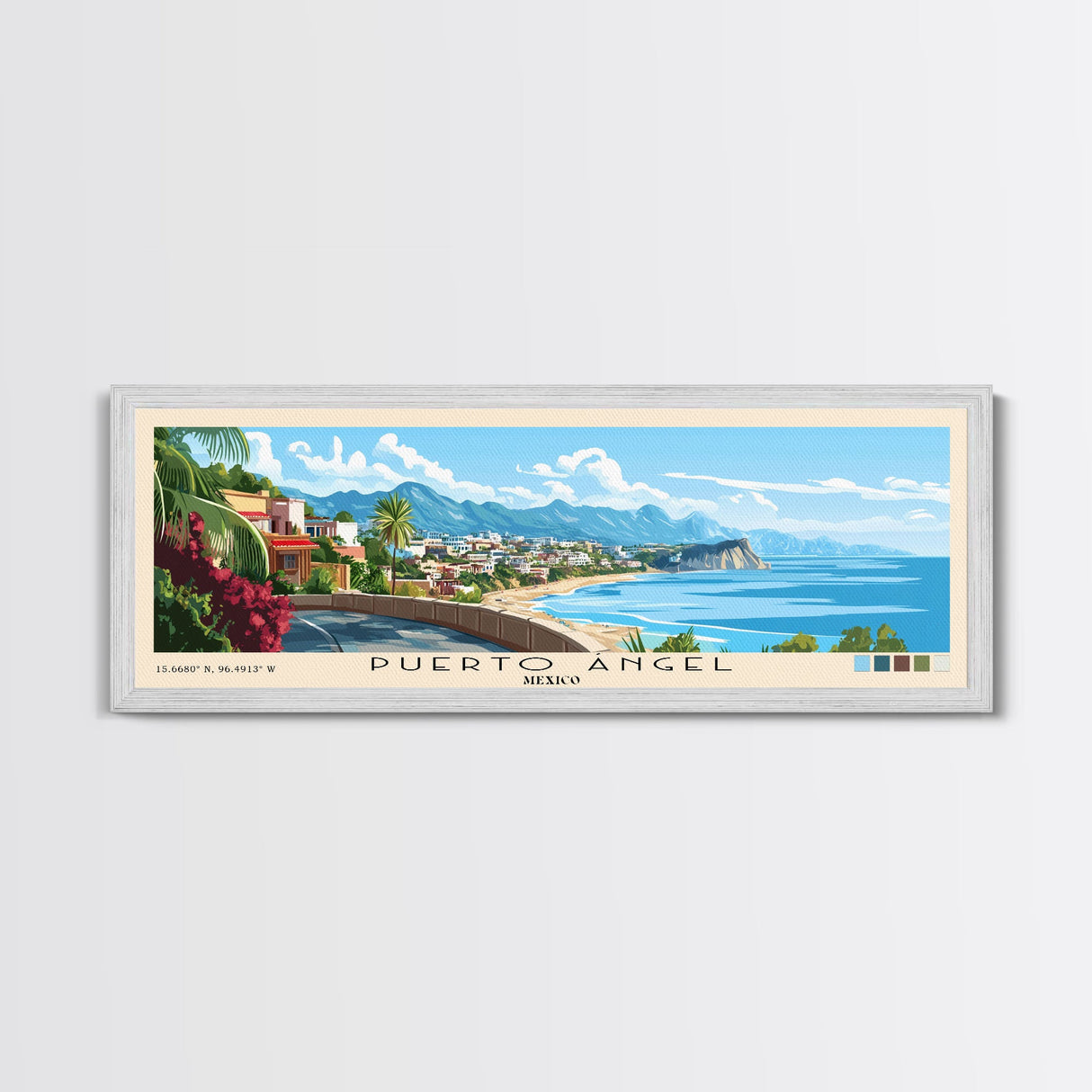 Puerto Ángel, Mexico Panoramic Beach Print, Vacation Gift, Mexico Wall Art, Framed Canvas Print, Framed Beach Painting