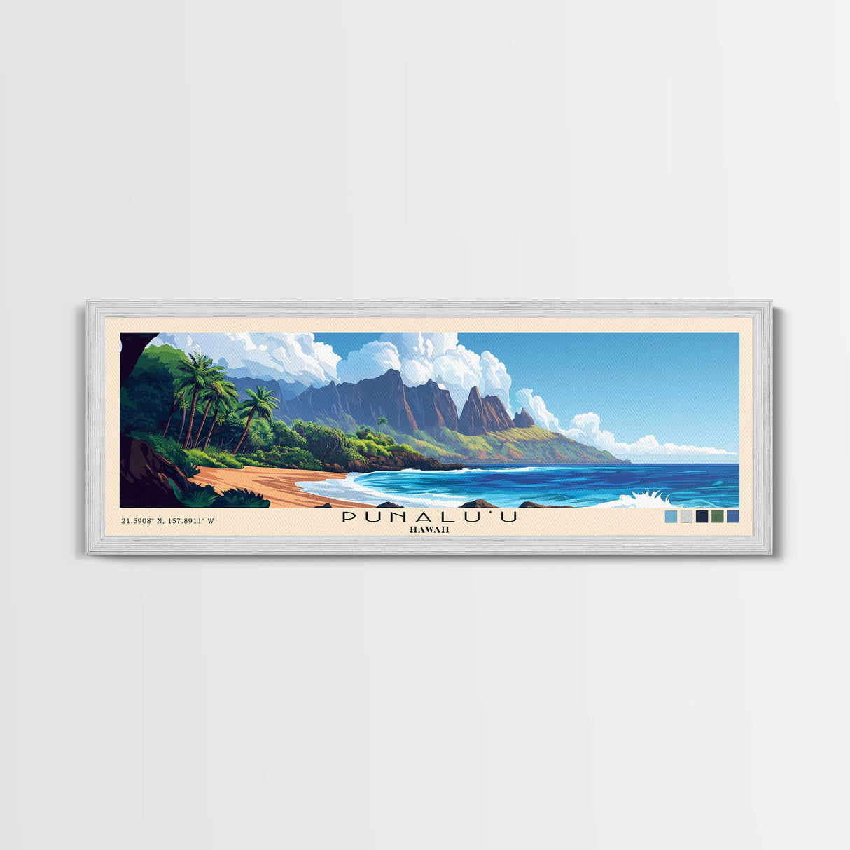 Punalu’u, Hawaii Panoramic Beach Print, Vacation Gift, Hawaii Wall Art, Framed Canvas Print, Framed Beach Painting