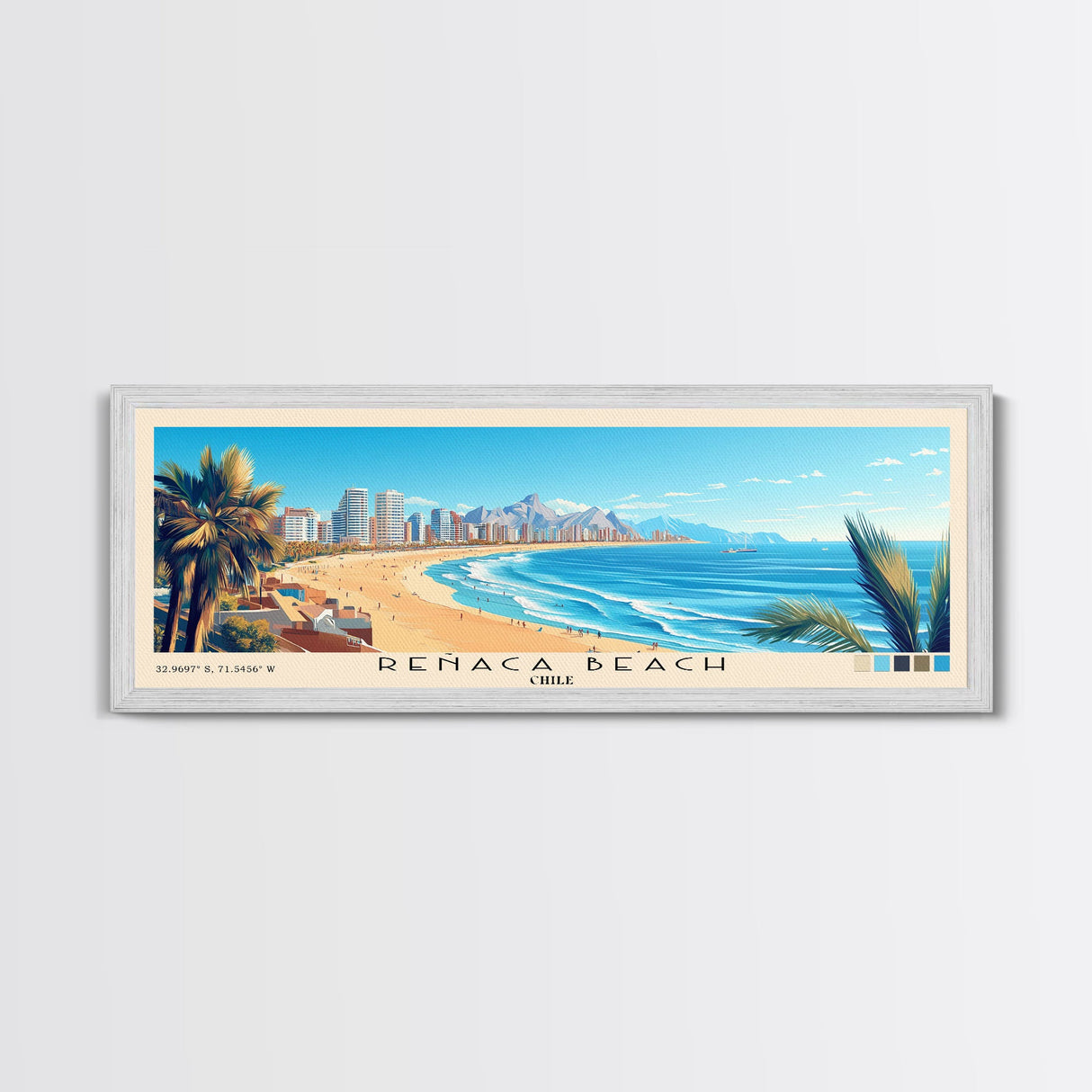 Reñaca beach, Chile Panoramic Print, Vacation Gift, Chile Wall Art, Beach Painting, Beach Decor, Large Wall Art, Wood Frame Art