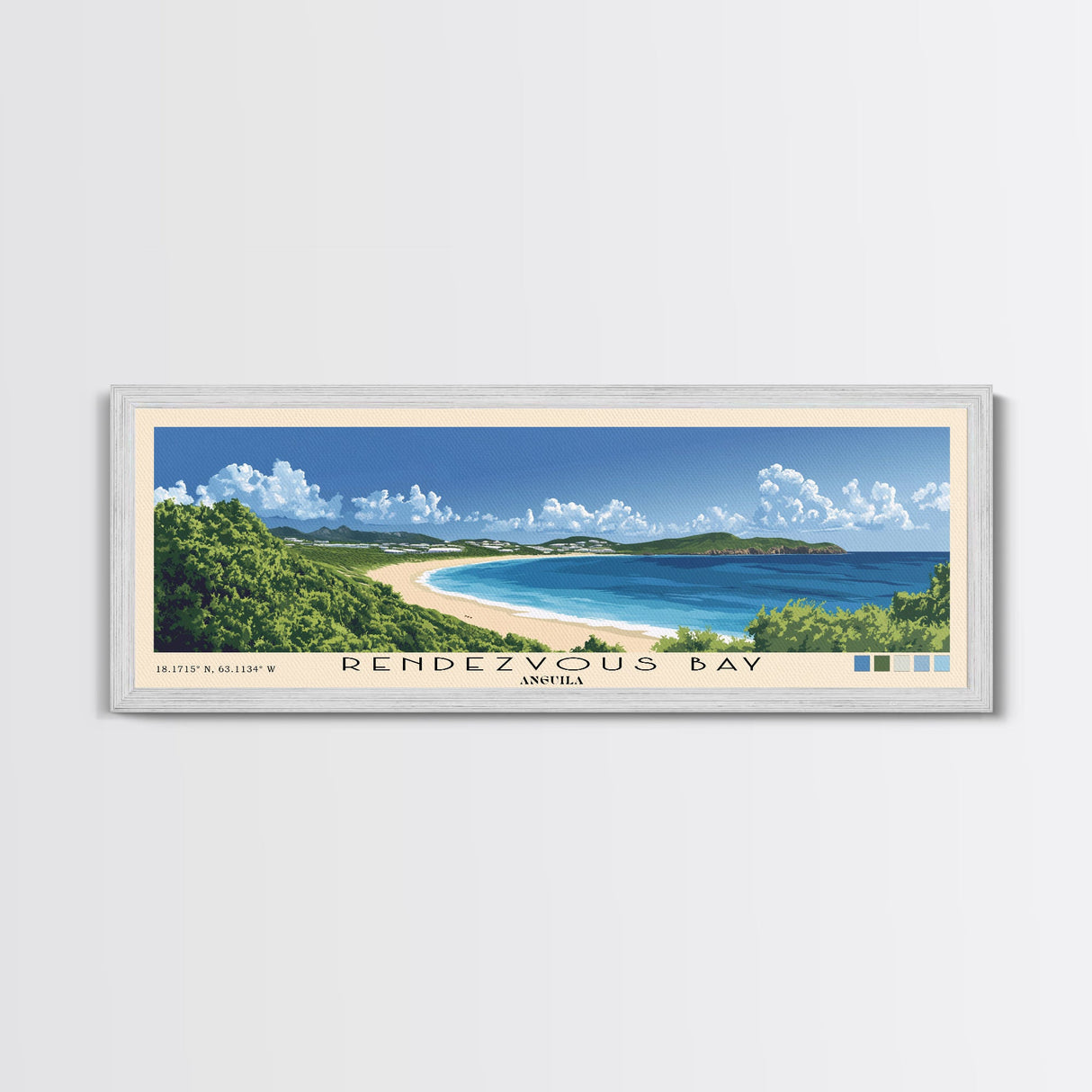 Rendezvous Bay, Anguila Panoramic Beach Print, Vacation Gift, Anguila Wall Art, Framed Canvas Print, Framed Beach Painting