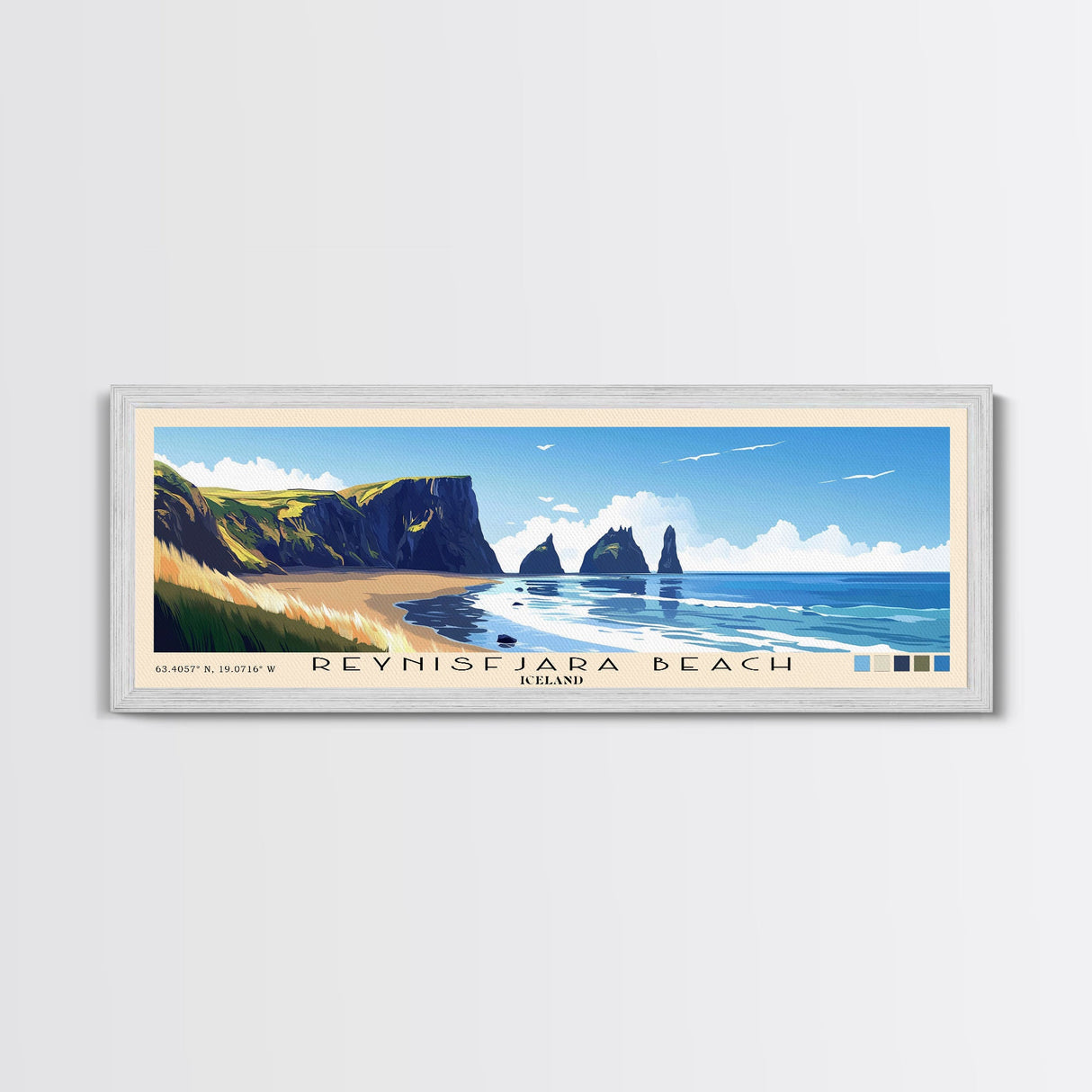 Reynisfjara Beach, Iceland Panoramic Beach Print, Vacation Gift, Iceland Wall Art, Framed Canvas Print, Framed Beach Painting