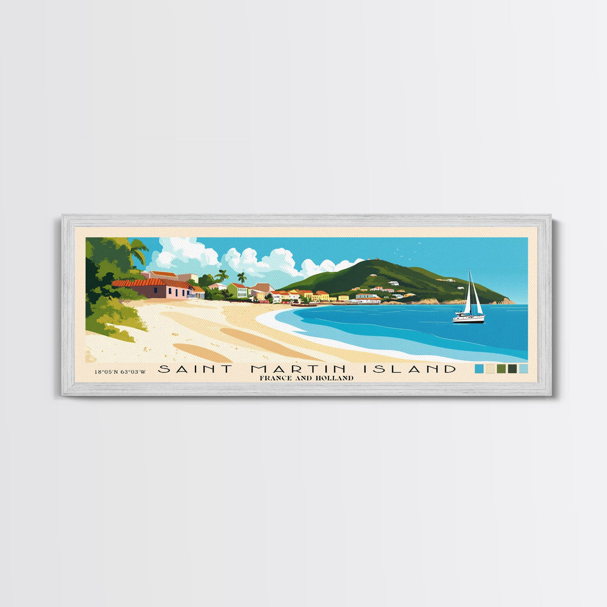 Saint Martin Island, France and Holland Panoramic Beach Print, Vacation Gift, France and Holland Wall Art, Beach Painting, Beach Decor, Beach Painting