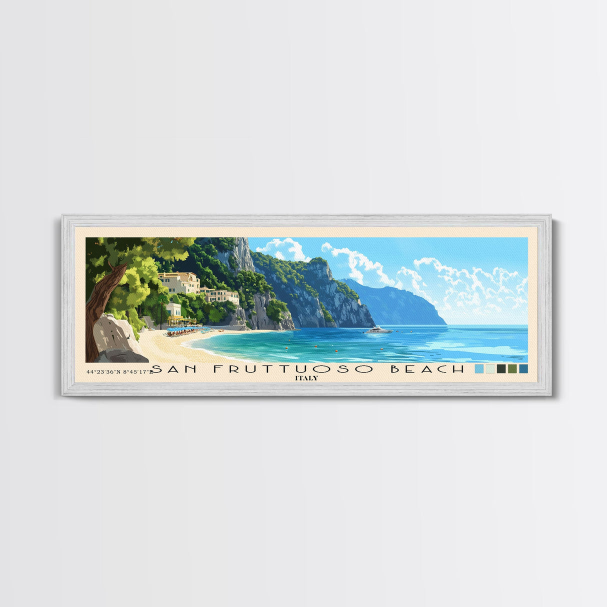 San Fruttuoso Beach, Italy Panoramic Print, Vacation Gift, Italy Wall Art, Beach Painting, Beach Decor, Large Wall Art, Wood Frame Art