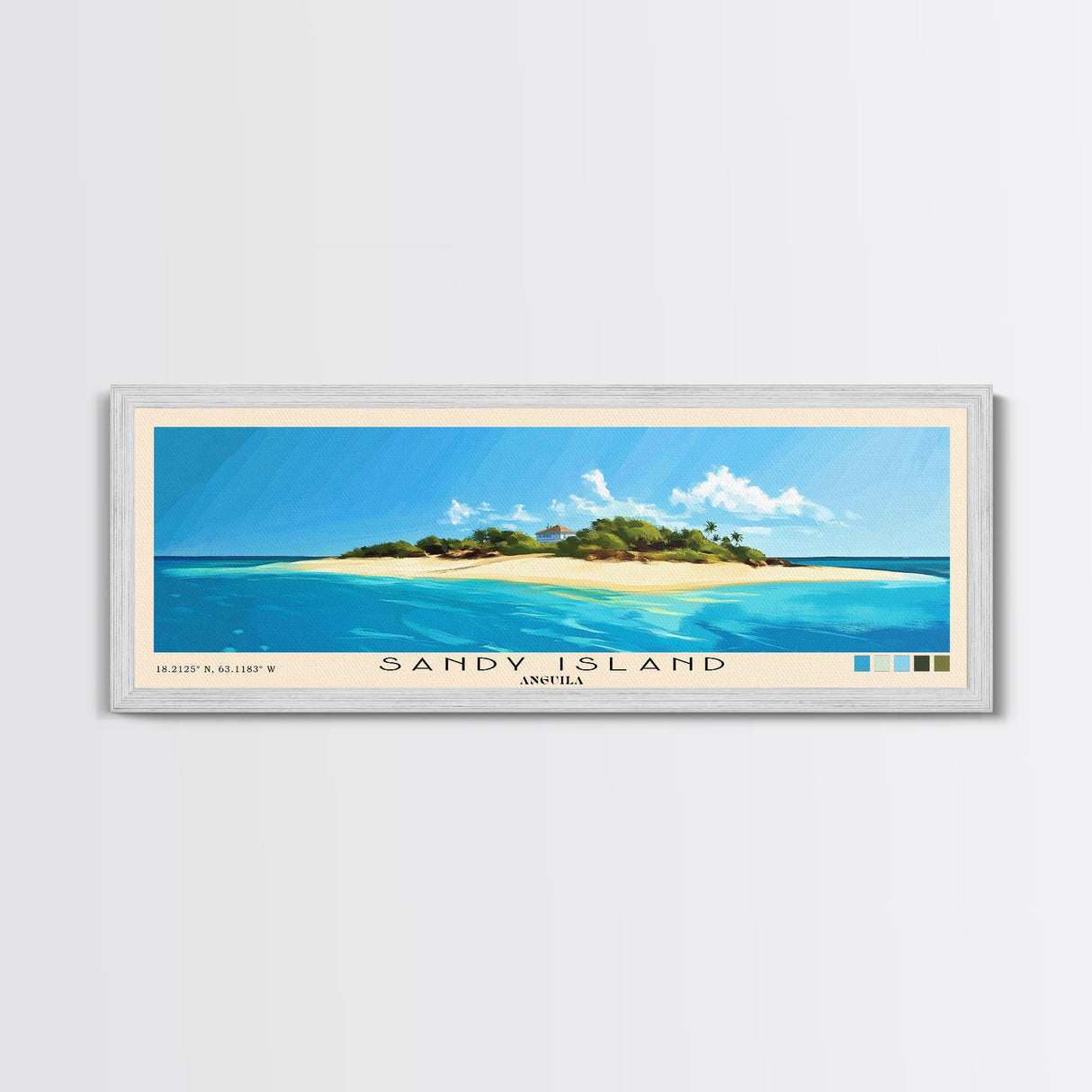 Sandy Island, Anguila Panoramic Print, Vacation Gift, Anguila Wall Art, Beach Painting, Beach Decor, Large Wall Art, Wood Frame Art