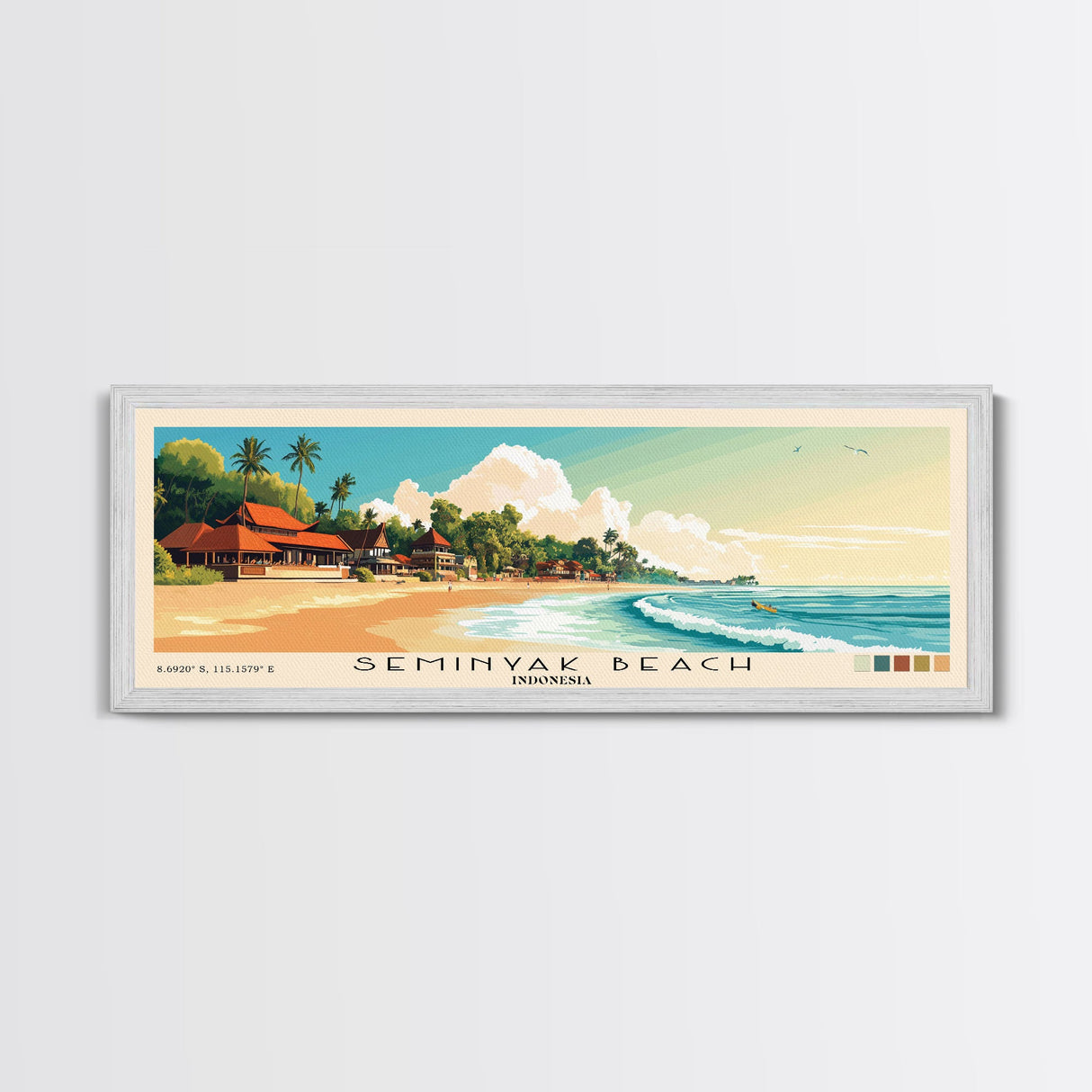 Seminyak Beach, Indonesia Panoramic Beach Print, Vacation Gift, Indonesia Wall Art, Framed Canvas Print, Framed Beach Painting