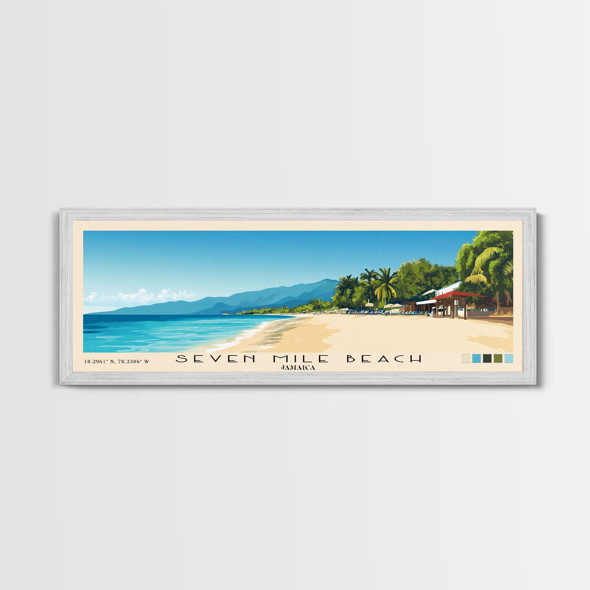 Seven Mile Beach, Jamaica Panoramic Print, Vacation Gift, Jamaica Wall Art, Beach Painting, Beach Decor, Large Wall Art, Wood Frame Art