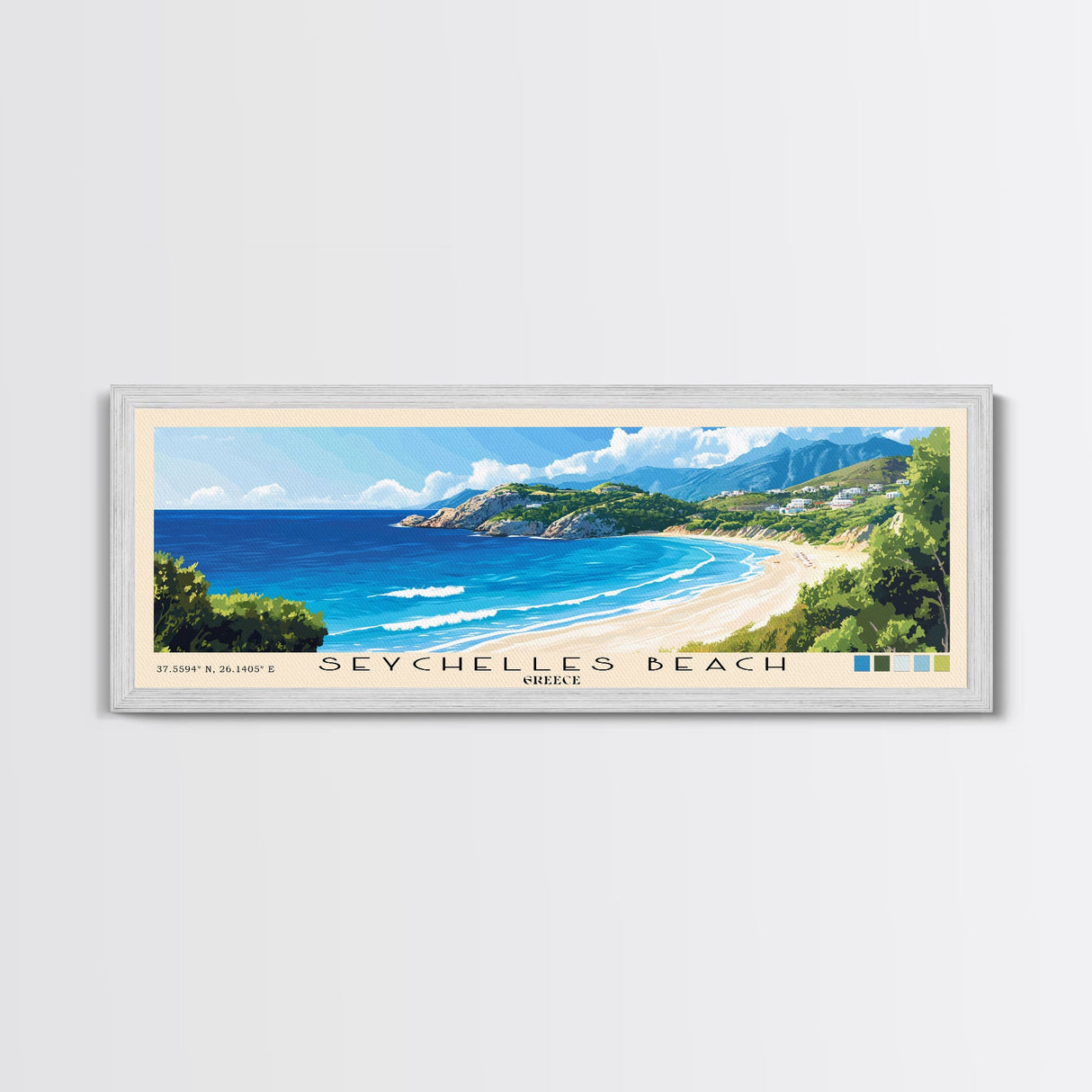 Seychelles Beach, Greece Panoramic Beach Print, Vacation Gift, Greece Wall Art, Framed Canvas Print, Framed Beach Painting