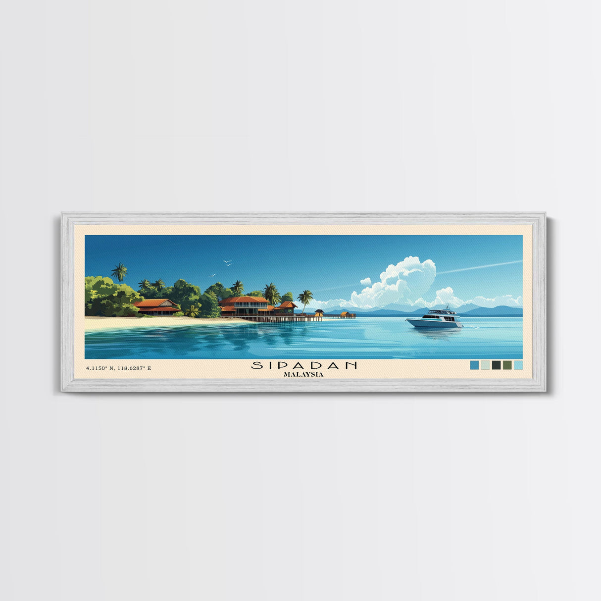 Sipadan, Malaysia Panoramic Print, Vacation Gift, Malaysia Wall Art, Beach Painting, Beach Decor, Large Wall Art, Wood Frame Art