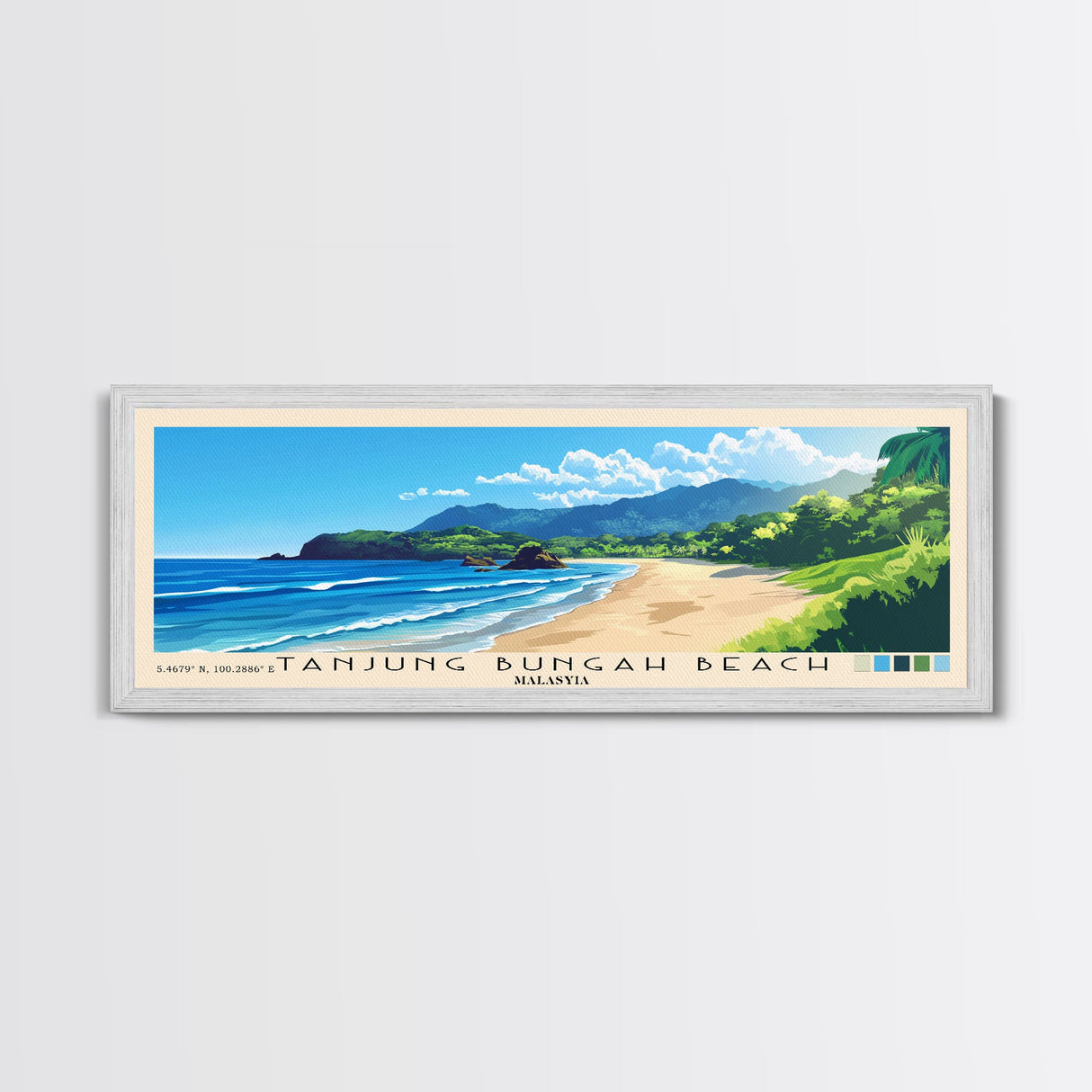 Tanjung Bungah Beach, Malasyia Panoramic Print, Vacation Gift, Malasyia Wall Art, Beach Painting, Beach Decor, Beach Or Lakehouse Art