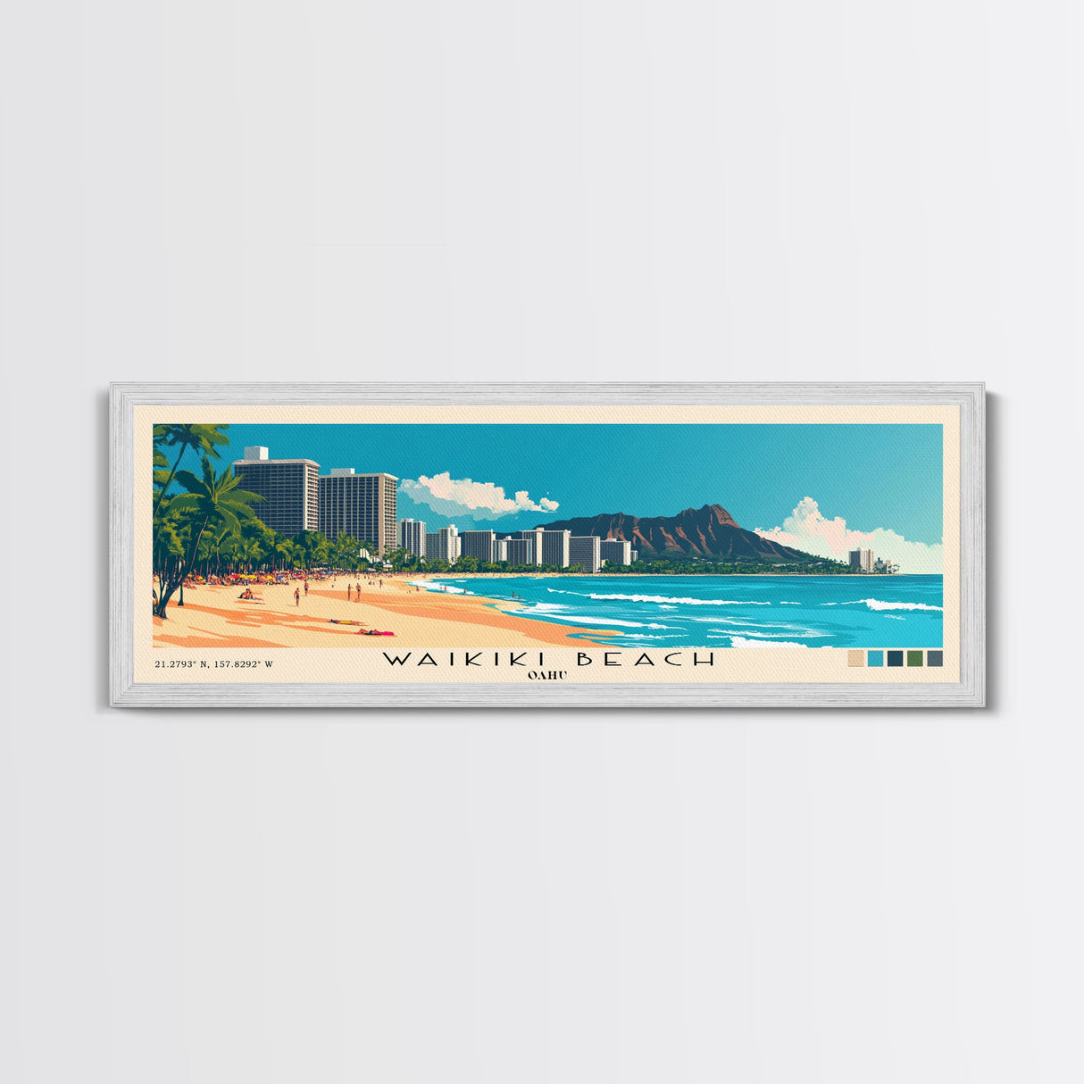 Waikiki Beach, Oahu Panoramic Beach Print, Vacation Gift, Oahu Wall Art, Beach Painting, Beach Decor, Beach Painting