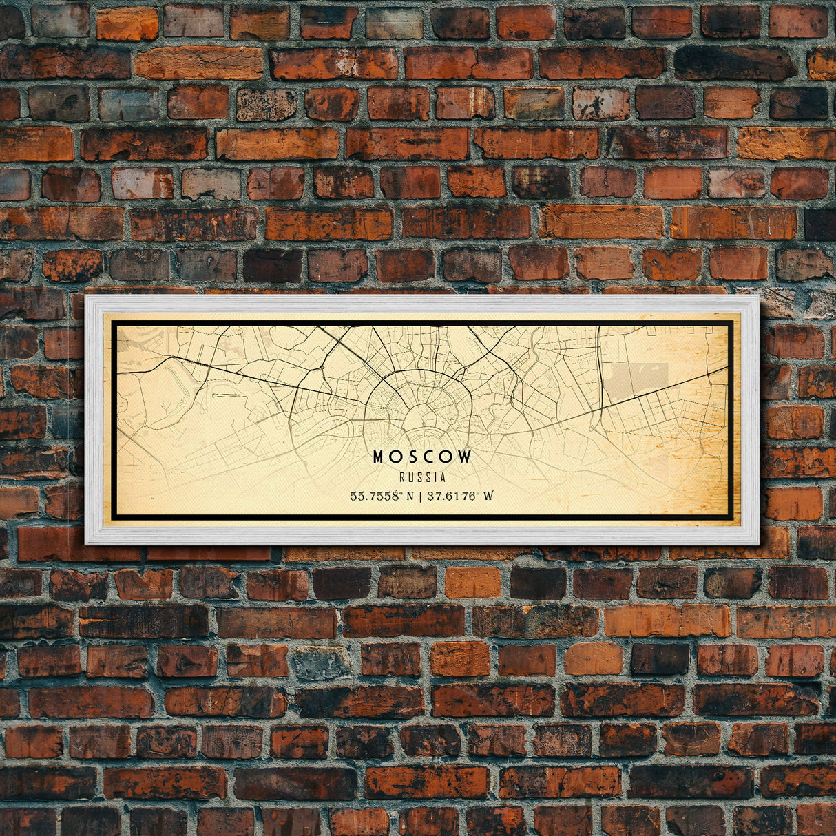 Vintage Style Panoramic Moscow City Map Wall Art Canvas Print, Distressed Russia Map, Framed Wall Art, Cool Travel Wall Art, Office Art