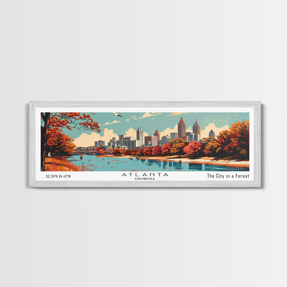 Atlanta Georgia Panoramic Painting, Mid Century Modern Framed Canvas Print, Retro Pop Art Travel Poster, Home Decor, City Wall Art