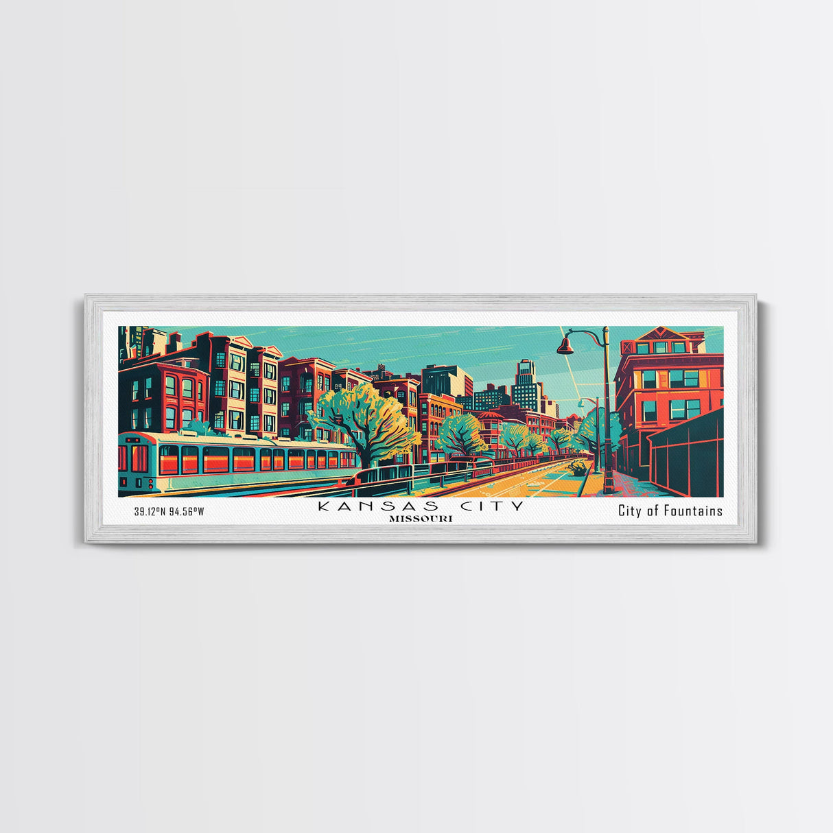 Kansas City Missouri Panoramic Travel Poster Framed Canvas Print, Mid Century Modern Art, Pop Art Style, Wall Art, Wall Decor, Home Decor, Retro Style Art