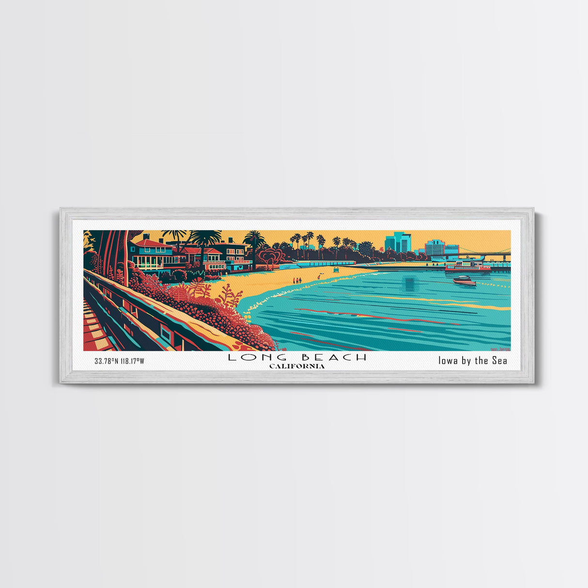 Long Beach California Panoramic Travel Poster Framed Canvas Print, Mid Century Modern Art, Pop Art Style, Wall Art, Home Decor, Wall Hanging