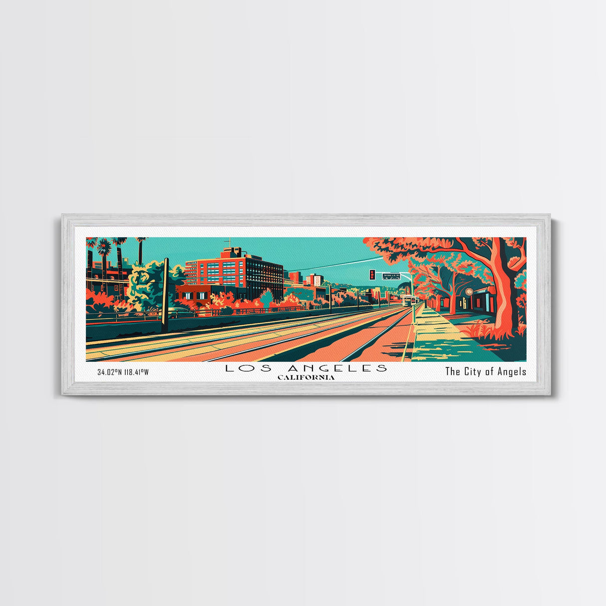 Los Angeles California Panoramic Wall Art Framed Canvas Print, Travel Poster, Mid Century Modern Art, Pop Art Style, Home Decor, Living Room Art