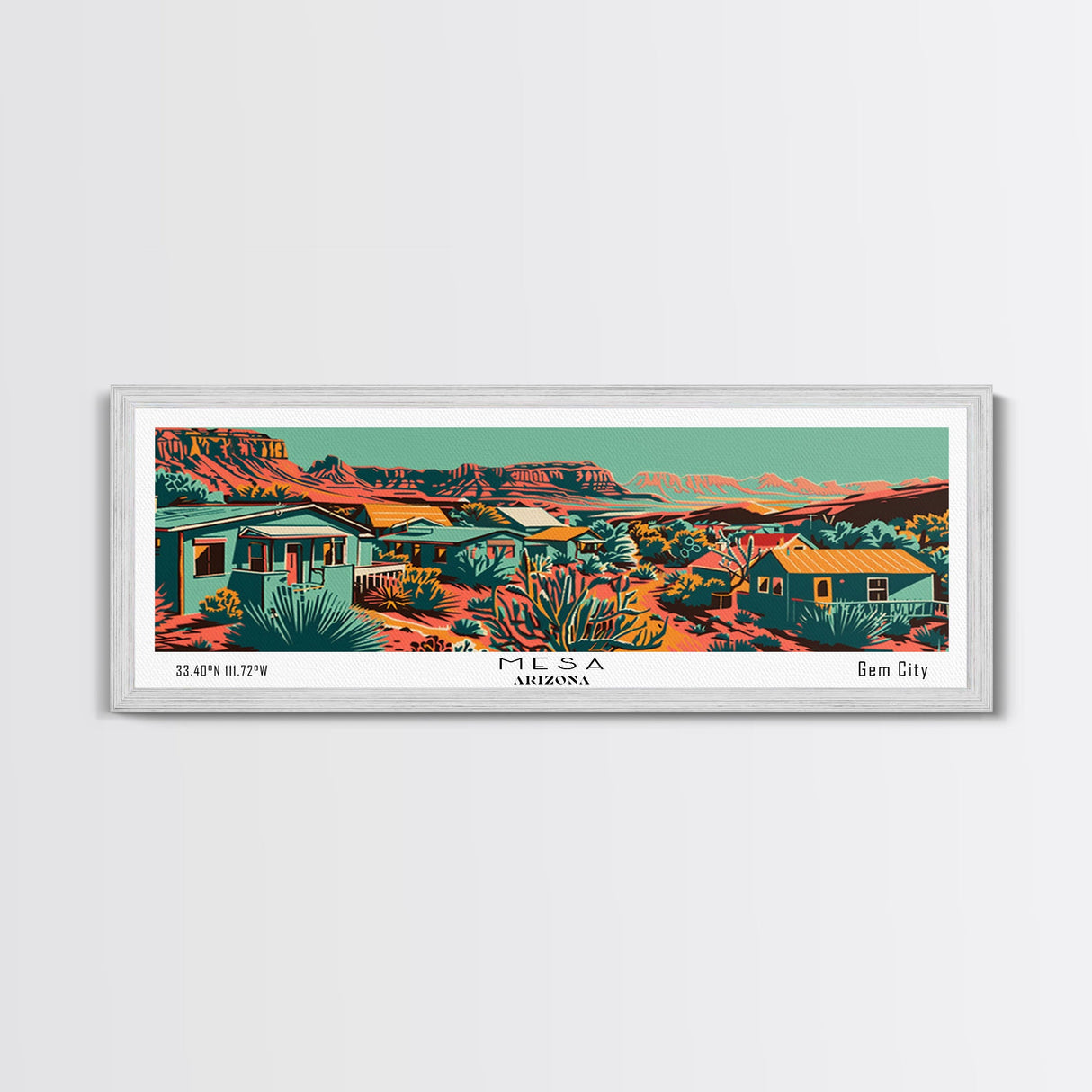 Mesa Arizona Panoramic Travel Poster Framed Canvas Print, Mid Century Modern Art, Pop Art Style, Wall Art, Home Decor, Office Wall Art