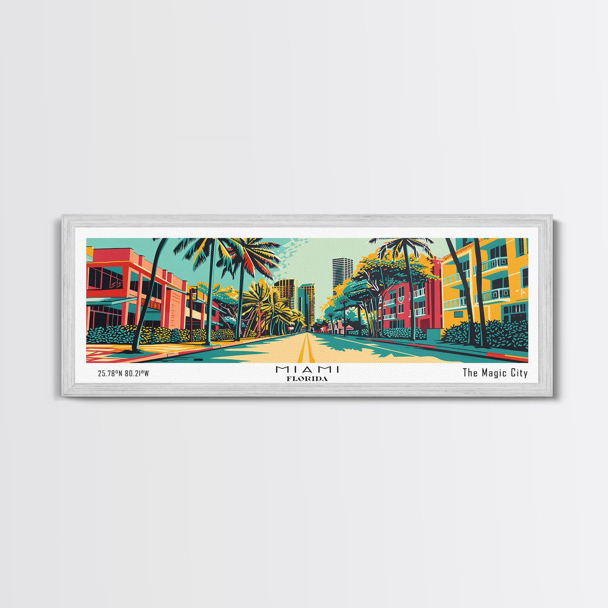 Miami Florida Panoramic Painting Framed Canvas Print, Travel Poster, Mid Century Modern Art, Pop Art Style, Wall Decor, Office Wall Art