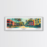 Miami Florida Panoramic Painting Framed Canvas Print, Travel Poster, Mid Century Modern Art, Pop Art Style, Wall Decor, Office Wall Art