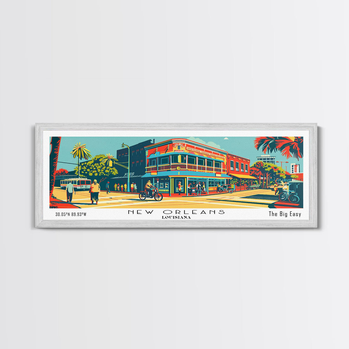 New Orleans Louisiana Panoramic Travel Poster Framed Canvas Print, Mid Century Modern Art, Pop Art Style, Wall Art, Home Decor, Retro Style Art