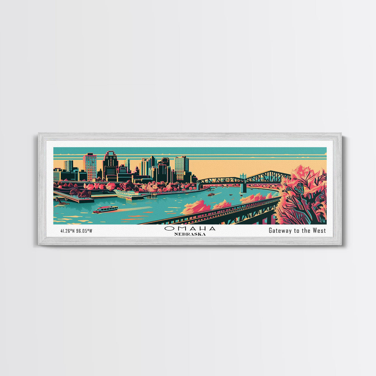 Omaha Nebraska Panoramic Painting Framed Canvas Print, Travel Poster, Mid Century Modern Art, Pop Art Style, Wall Art, Home Decor