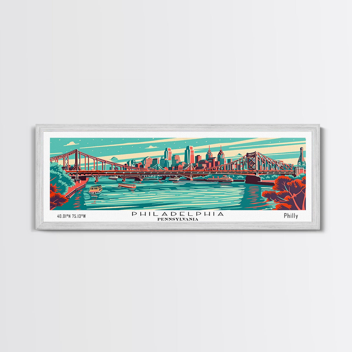 Philadelphia Pennsylvania Panoramic Travel Poster Framed Canvas Print, Mid Century Modern Art, Pop Art Style, Wall Art, Home Decor, Wall Hanging