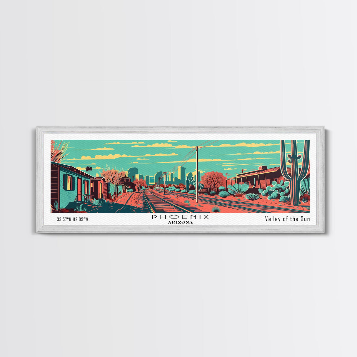 Phoenix Arizona Panoramic Wall Art Framed Canvas Print, Travel Poster, Mid Century Modern Art, Pop Art Style, Home Decor, Living Room Art