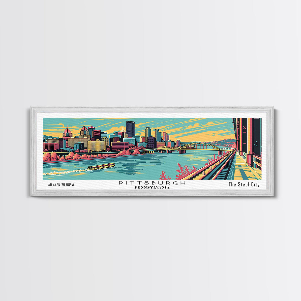 Pittsburgh Pennsylvania Panoramic Painting Framed Canvas Print, Travel Poster, Mid Century Modern Art, Pop Art Style, Wall Decor, Retro Style Art