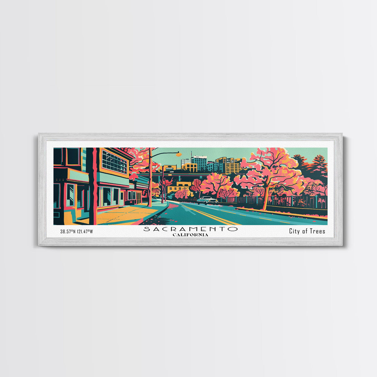 Sacramento California Panoramic Painting Framed Canvas Print, Travel Poster, Mid Century Modern Art, Pop Art Style, Wall Decor, Office Wall Art