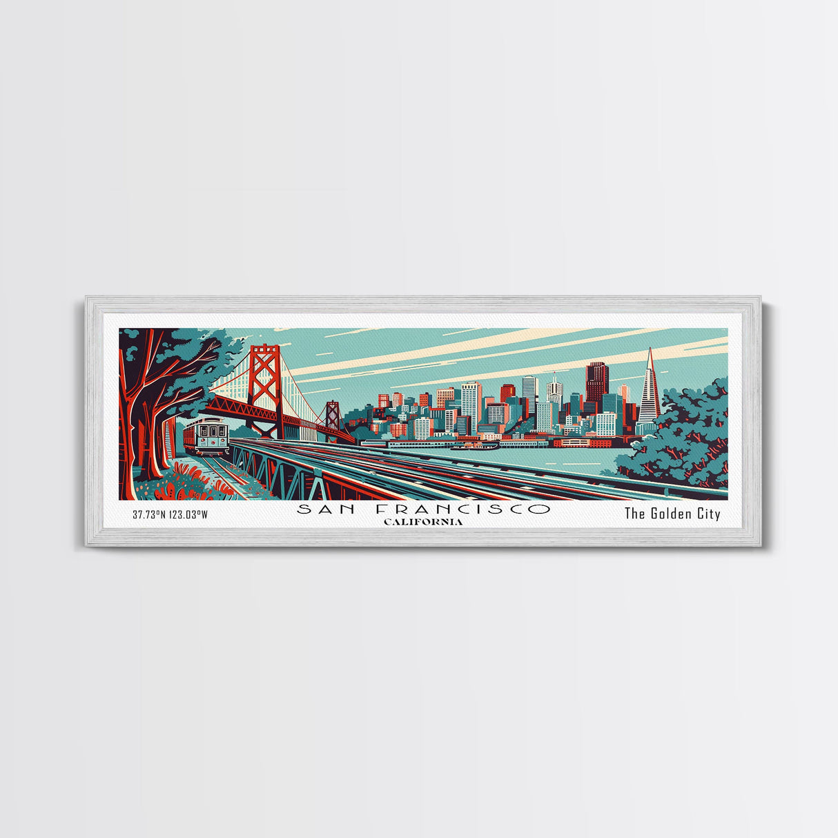 San Francisco California Panoramic Travel Poster Framed Canvas Print, Mid Century Modern Art, Pop Art Style, Wall Art, Home Decor, Retro Style Art