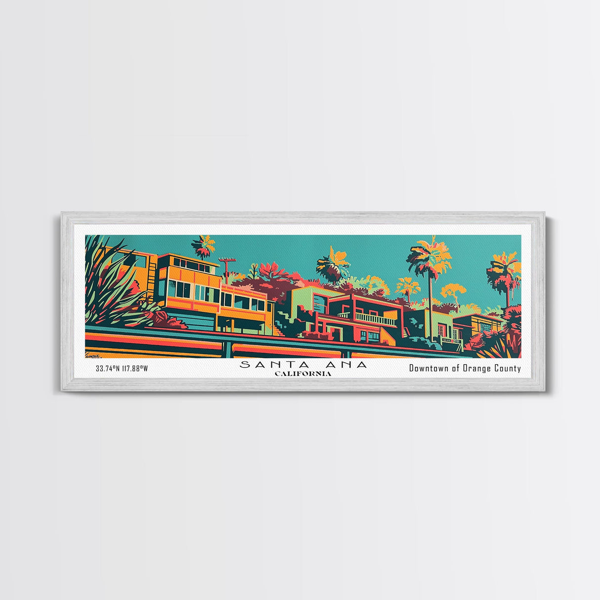 Santa Ana California Panoramic Wall Art Framed Canvas Print, Travel Poster, Mid Century Modern Art, Pop Art Style, Wall Decor, Office Wall Art