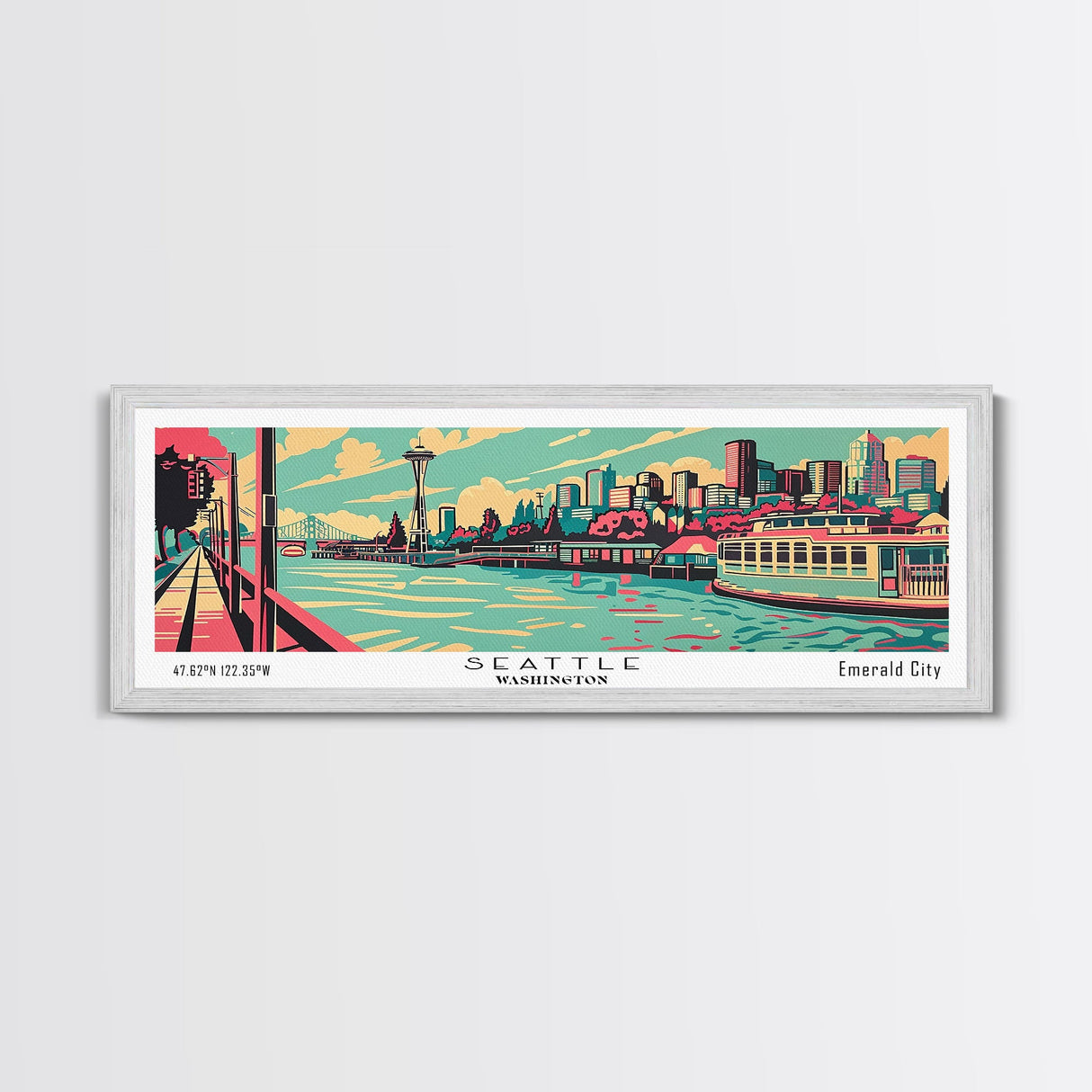 Seattle Washington Panoramic Painting Framed Canvas Print, Travel Poster, Mid Century Modern Art, Pop Art Style, Wall Decor, Home Decor