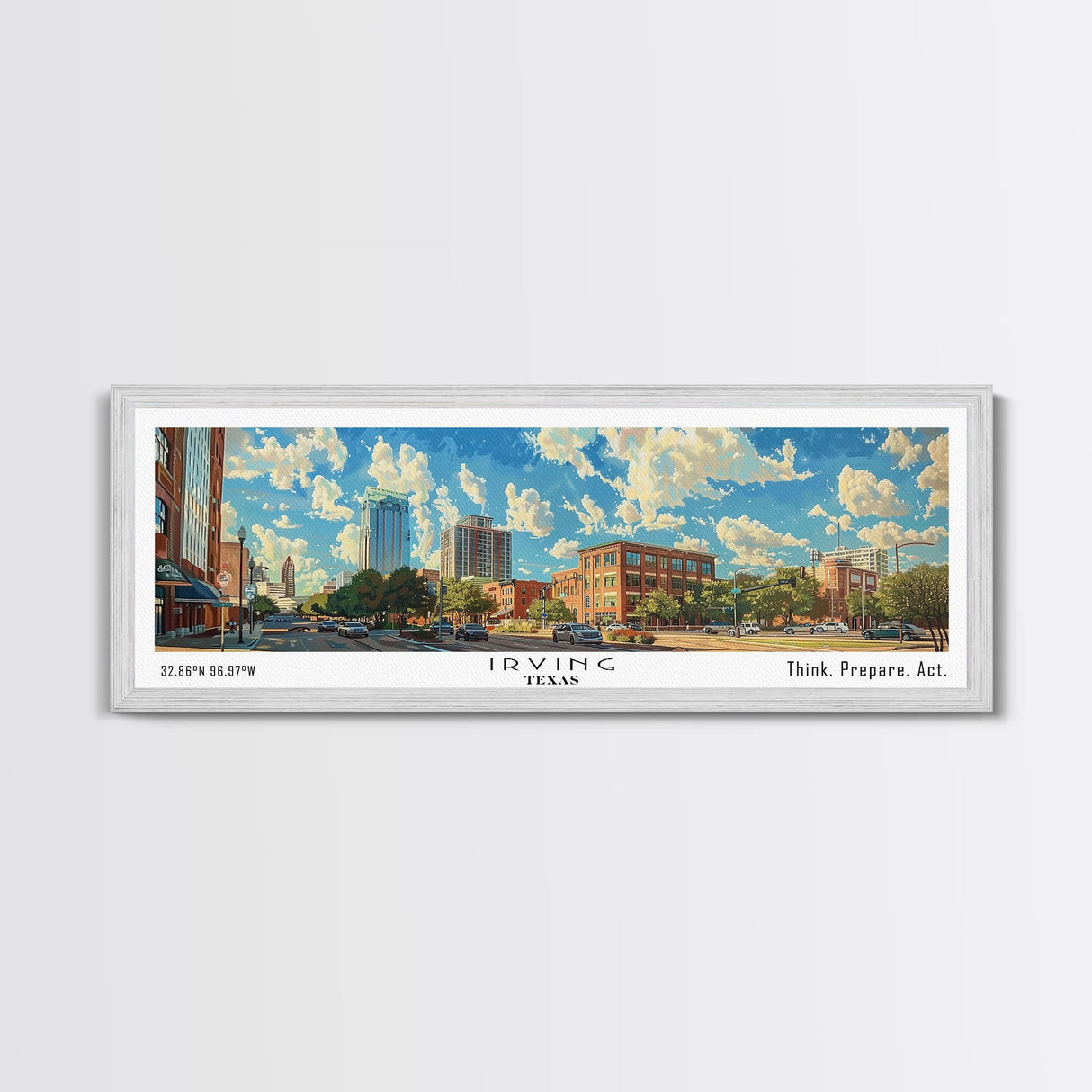 Irving Texas Panoramic Wall Art, Watercolor Framed Canvas Print, Urban Cityscape for Living Room, Travel Poster, Home Decoration