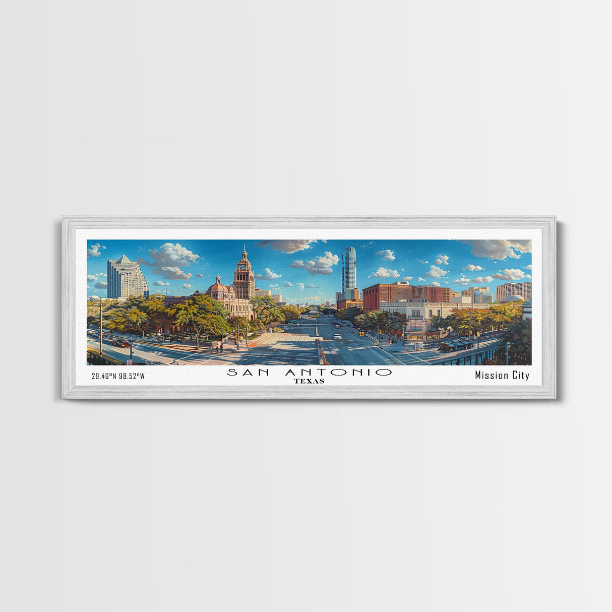 San Antonio Texas Panoramic Print, Trendy Framed Canvas Print, Travel Poster Art, Living Room Decor, Home Wall Art