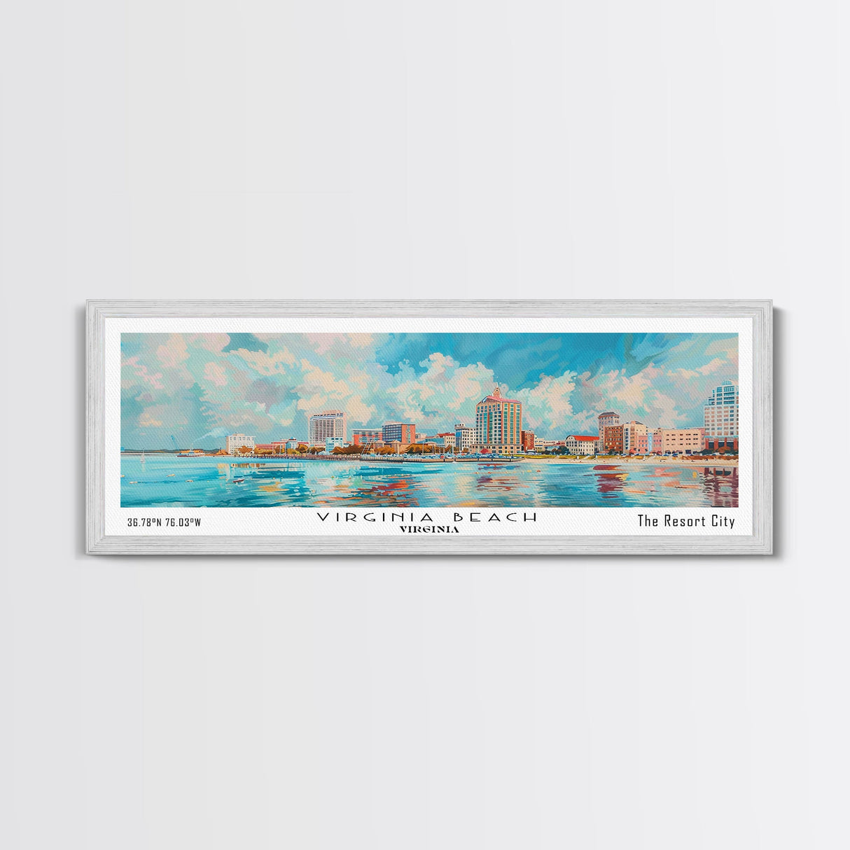 Virginia Beach Virginia Panoramic Painting, Framed Canvas Print, Retro Style Travel Poster, Unique Home Decor, Artistic Office Wall Art