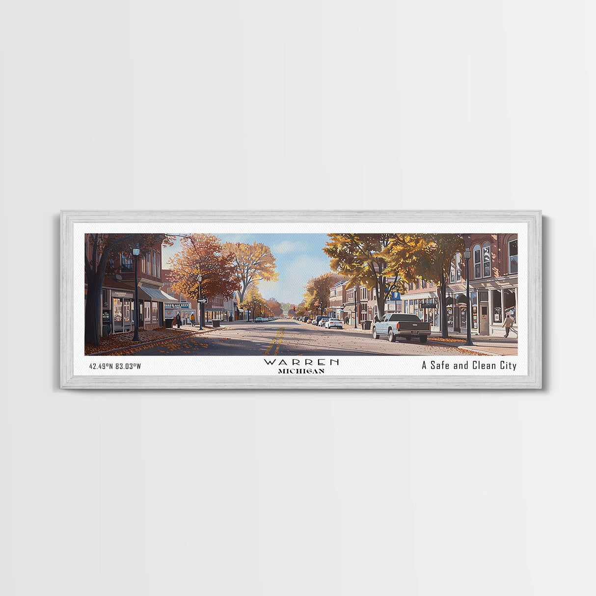 Warren Michigan Panoramic Painting, Framed Canvas Print, Retro Travel Poster, Artistic Wall Art, Unique Living Room Decor, Office Gift