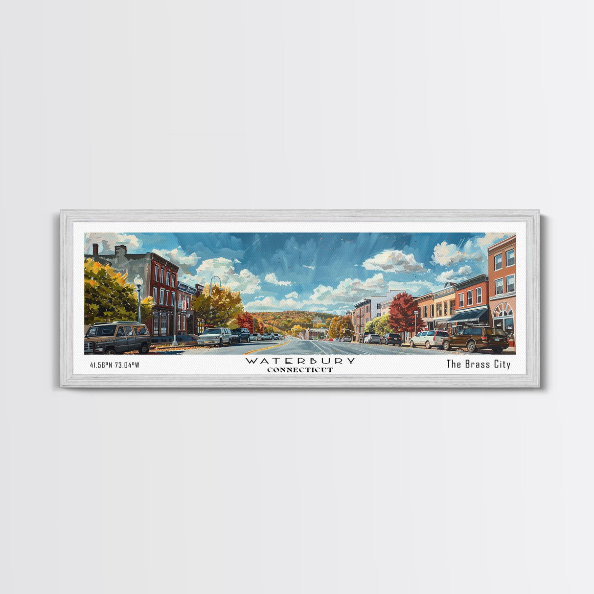 Waterbury Connecticut Panoramic Painting, Framed Canvas Print, Artistic Travel Poster, Retro Wall Art, Unique Office Decor, Living Room Gift