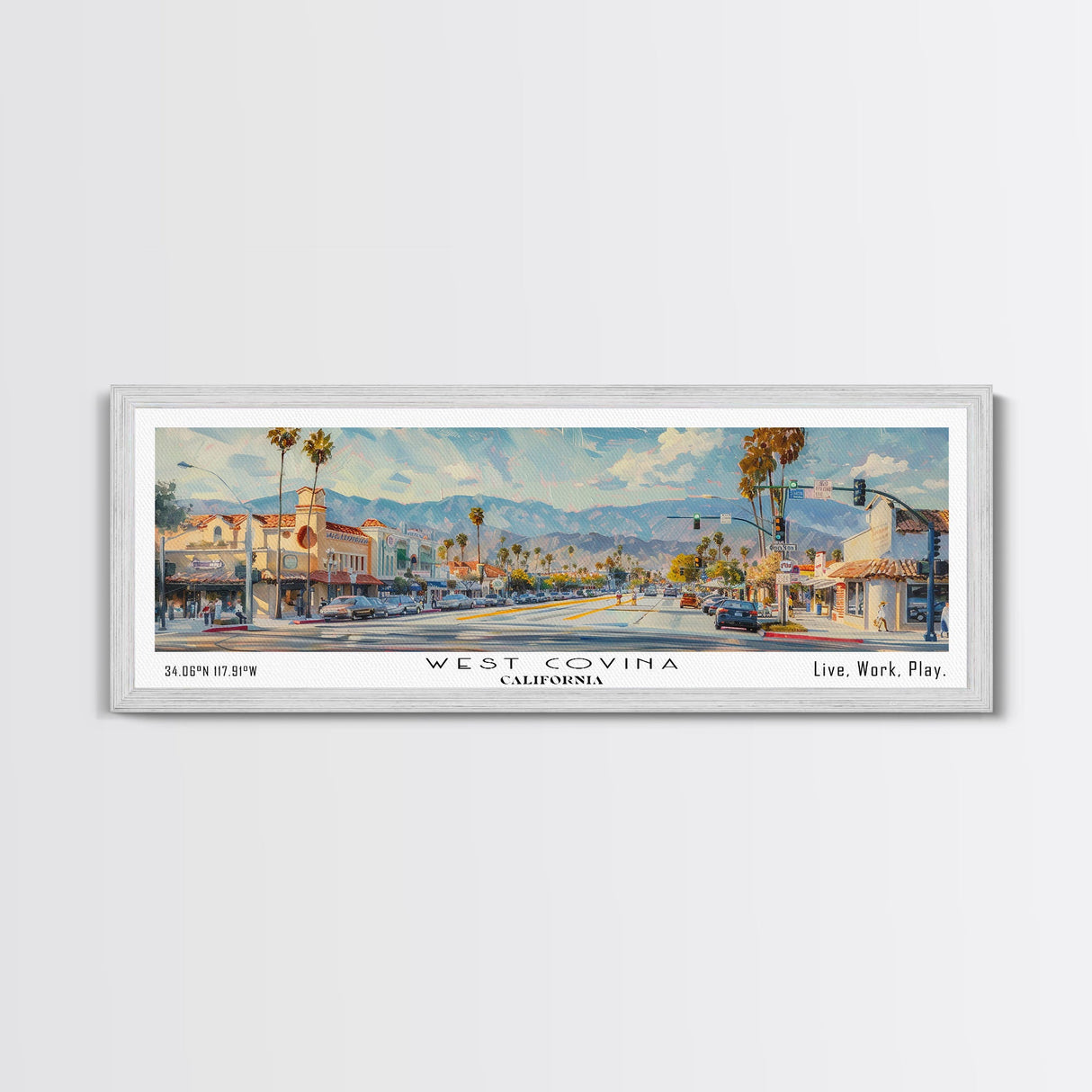 West Covina California Panoramic Framed Canvas Print, Retro Travel Poster, Unique Wall Art, Artistic Living Room Decor, Office Gift, Original Artwork