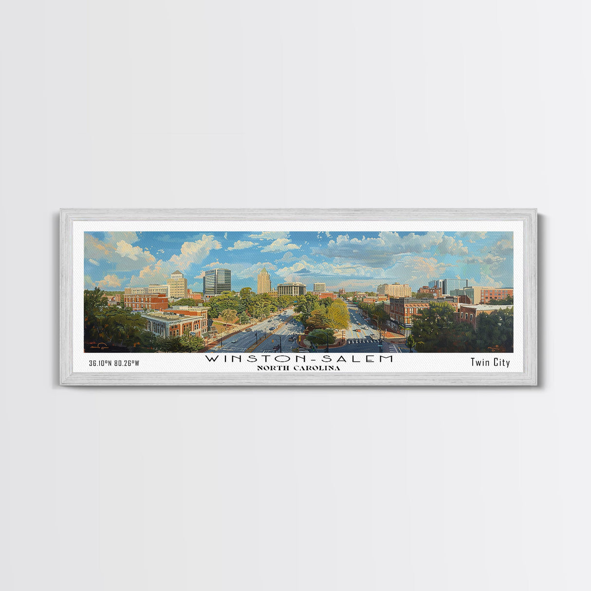 Winston-Salem North Carolina Panoramic Framed Canvas Print, Retro Travel Poster, Artistic Wall Art, Unique Living Room Decor, Office Gift, Original Artwork